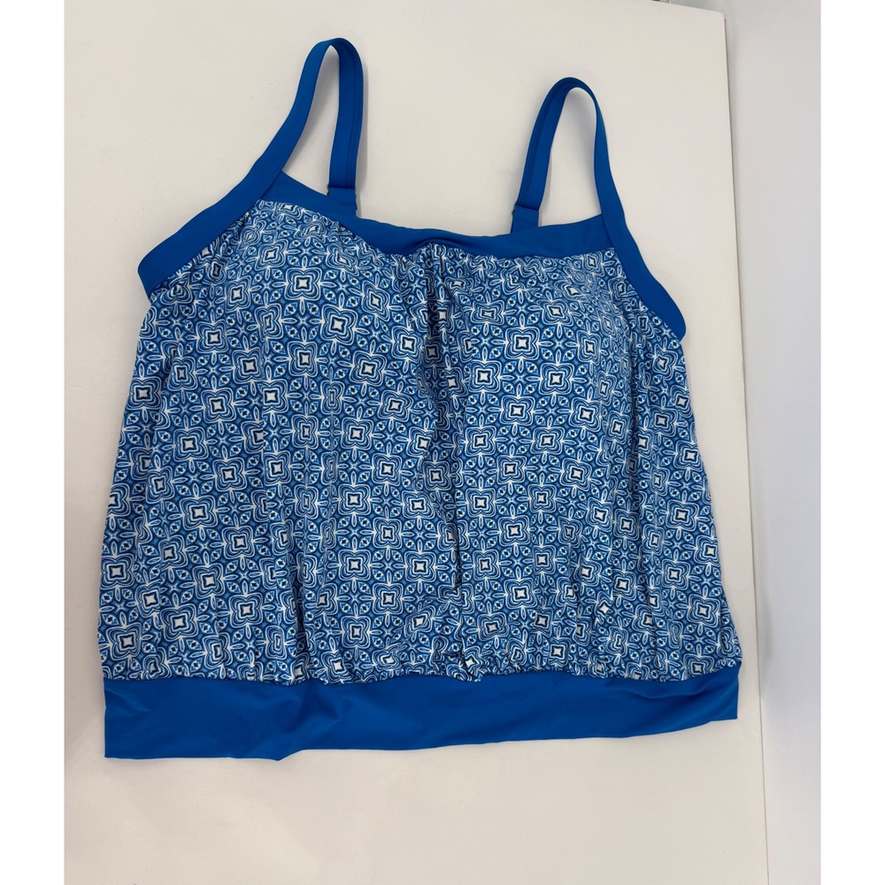 Lands' End Women Sz 18W Blue Geometric Blouson Tankini Top Adjustable Straps